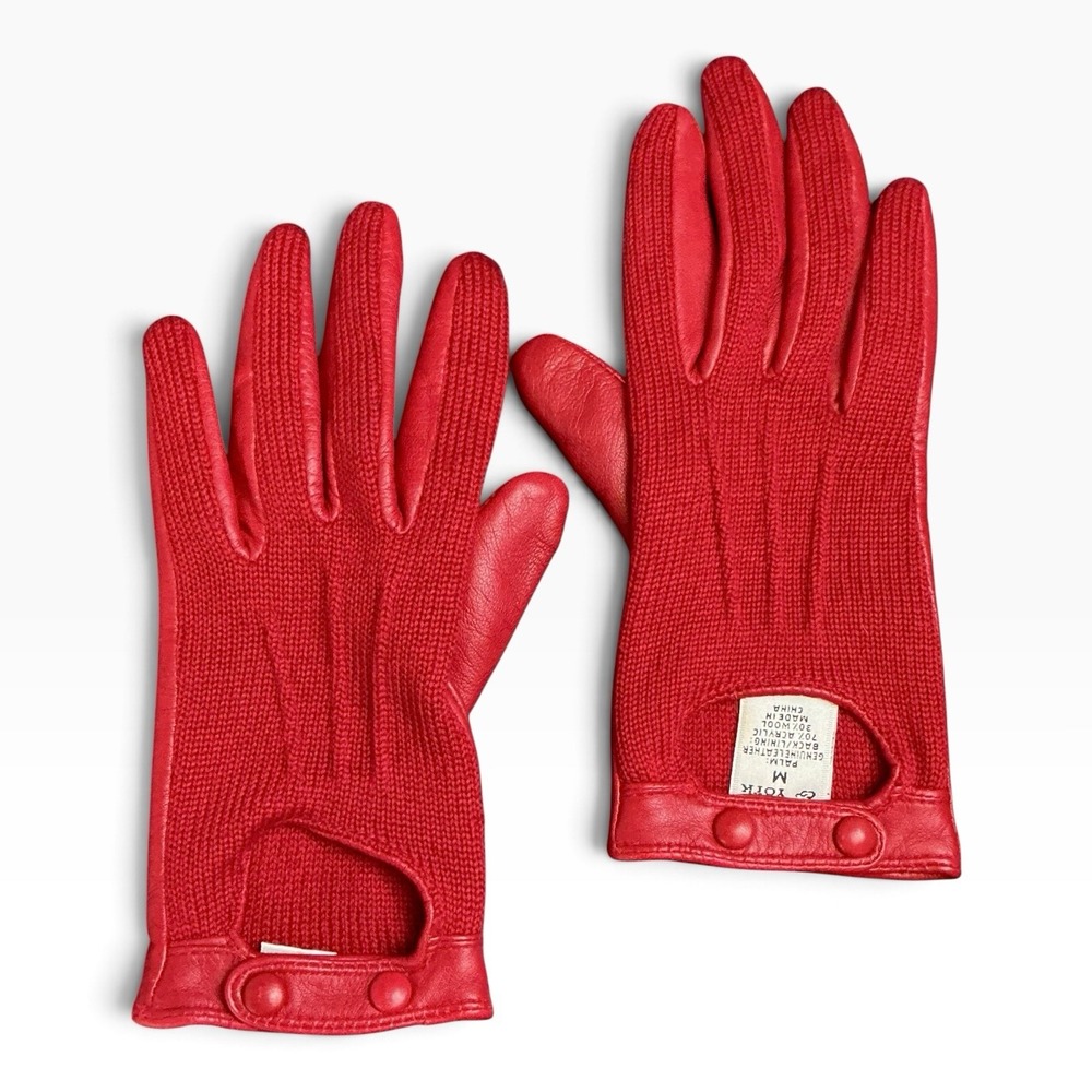 Vintage Preston & York Red Leather Wool Knit Driving Gloves Cutout Snap M